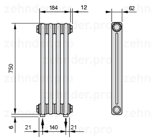 Схема (чертеж) Радиатор Zehnder Charleston 2075/4 №5310 Белый глянцевый RAL 9016
